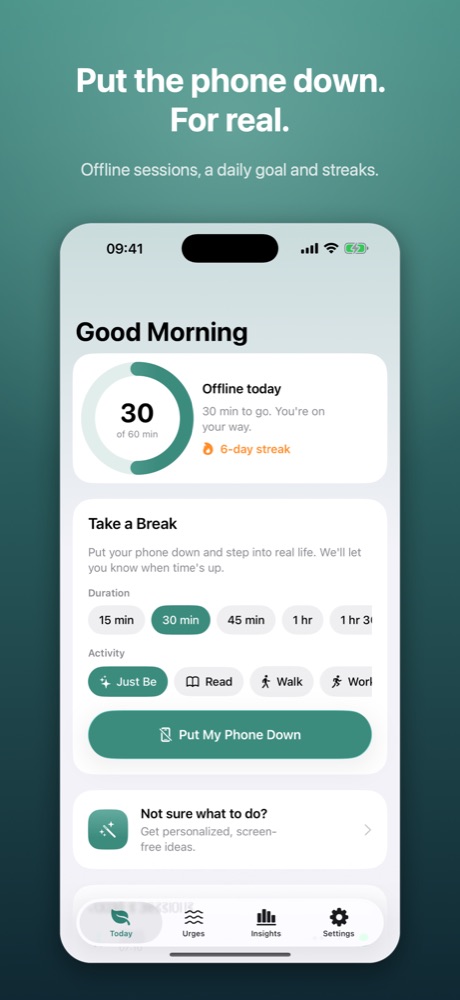 Offtide on iPhone: today's offline time and a phone-down timer