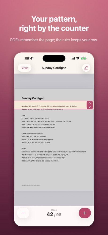 A pattern PDF with the counter docked underneath